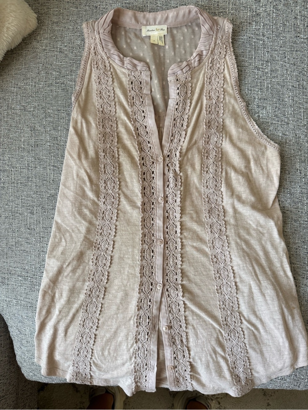 Light Pink / Blush Lace-Trim Sleeveless Button Front Top - Knitted Comfort